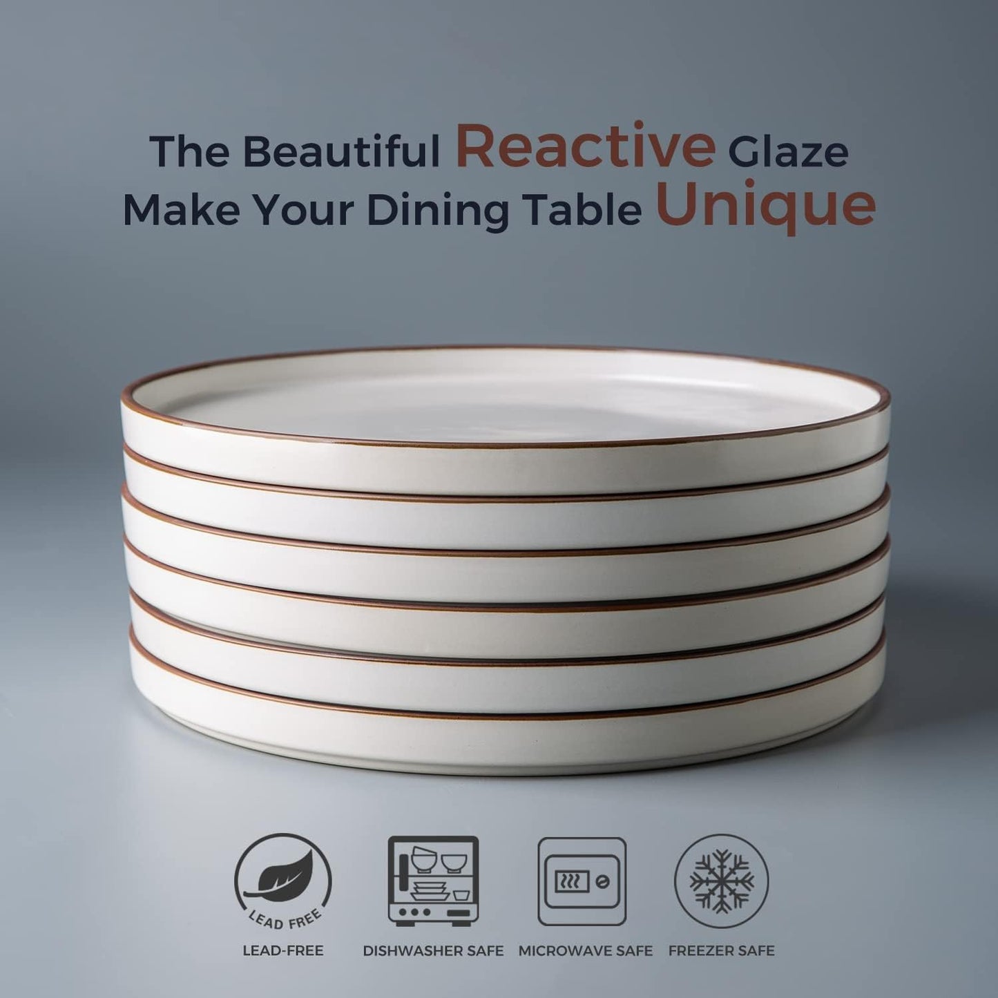 LERATIO Dinner Plates,10.75 Inch Ceramic Flat Plates Set of 6,High Edge Modern plates for Kitchen,Microwave & Dishwasher & Oven Safe, Scratch Resistant Dishes Set-White with Rim