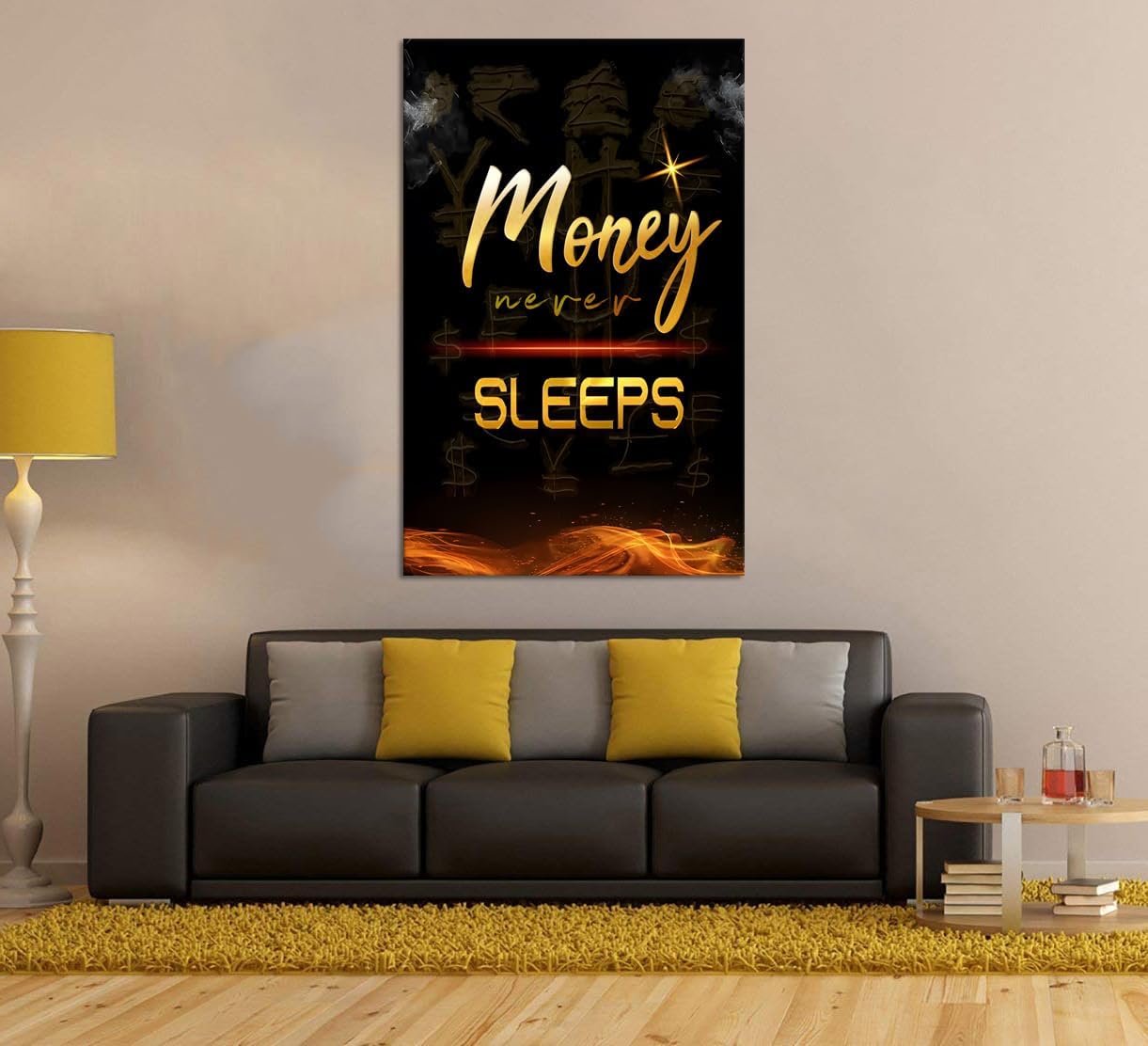 Large Size Money Never Sleeps Motivational Framed Wall Art Canvas Paintings Black and White Golden Artwork Stretched and Framed Easy to Hang-28x44 inch