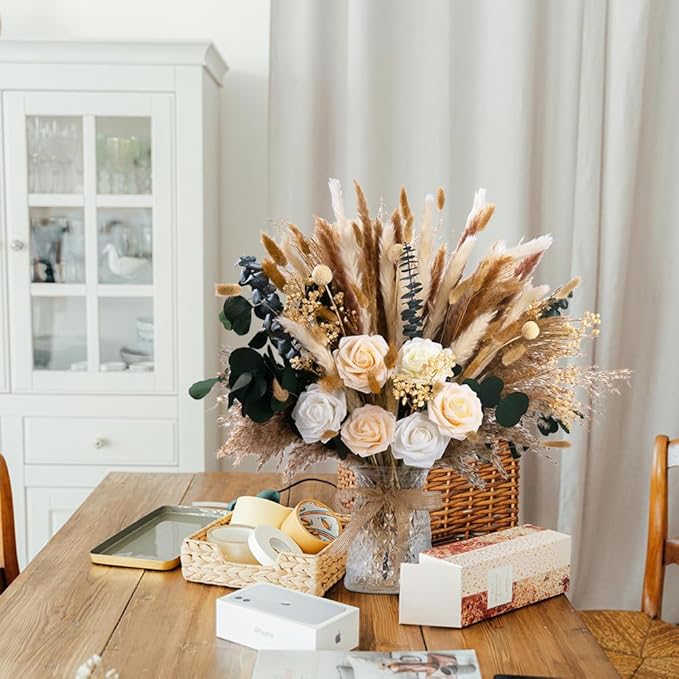 101pcs Natural Dried Pampas Grass Decor with Vase Artificial Flowers in Vase Boho Home Decor Bouquet Bunny Tails Dried Flowers, Reed Grass Bouquet for Wedding Floral Arrangements (101pcs)
