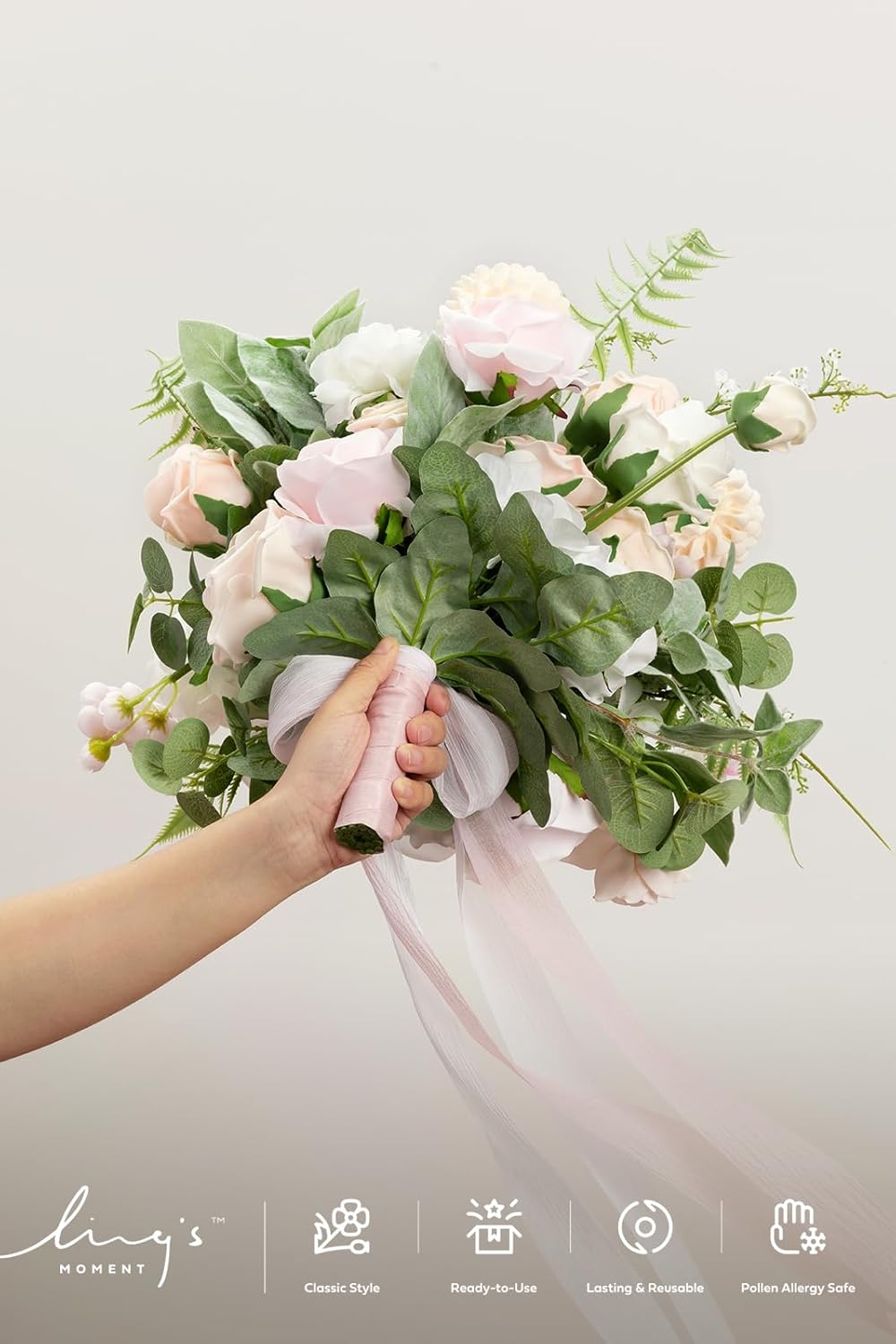 Ling's moment Blush Pink Bridal Bouquet Cascading, Coral Wedding Bouquets for Bride, 15 Inch Free Form Artificial Wedding Flower Bouquet