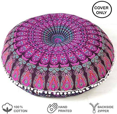Eyes of India - 32" Purple Pink Mandala Floor Pillow Cover Meditation Cushion Seating Throw Hippie Round Colorful Decorative Bohemian Accent Boho Chic Dog Bed Indian Pouf Ottoman Handmade Cover ONLY