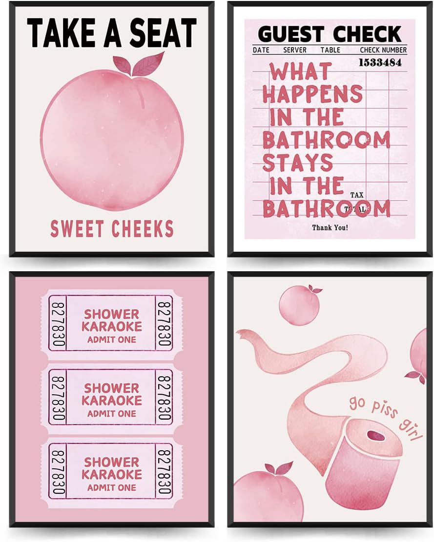 ETVISO Funny Pink Girls Peach Bathroom Decor Wall Art Posters Set of 4, Funny Pink Cute Shower Karaoke Ticket Guest Check Wall Decor for Girls Bathroom Washroom Restroom Toilet, 8x10 Inch (Unframed)