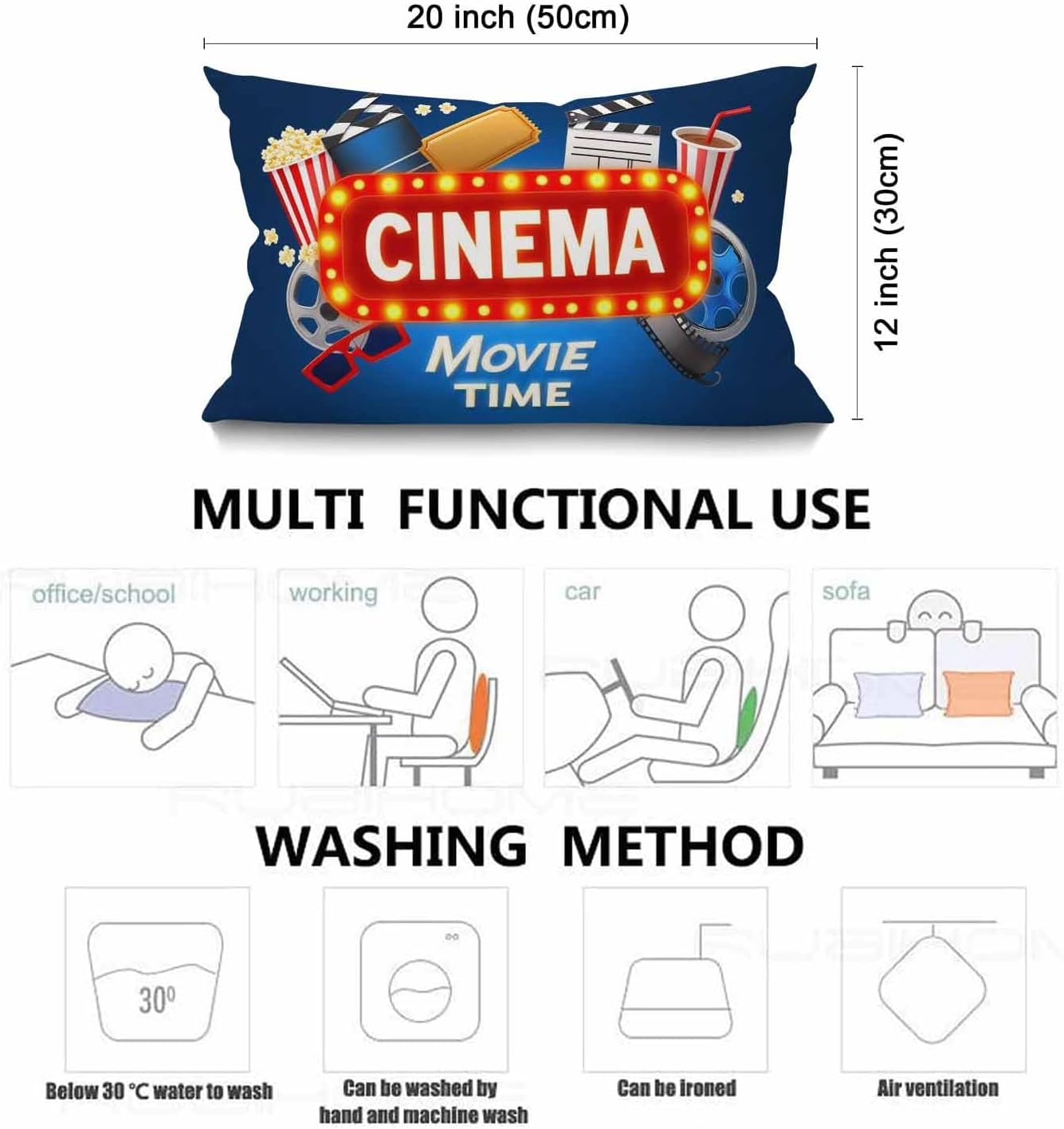 Cinema Movie Time Throw Pillow Cover,Popcorn Drink Clapping Board and Other Objects On Cinematograph Lumbar Cotton Linen Throw Pillow case Cushion Cover for Sofa Home Decorative Oblong 12x20 Inches