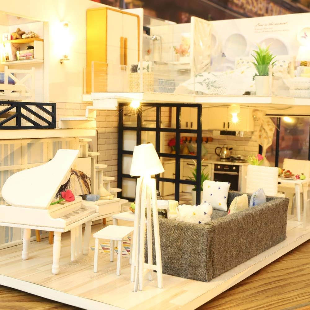 GuDoQi DIY Miniature Dollhouse Kit with Furniture, Tiny House kit 1:24 Scale, Need to Assemble Around 30 Hours, Great Handmade Crafts Gift for Birthday, Christmas, Life House(No Dust Cover)