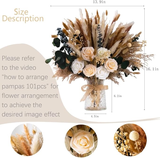 101pcs Natural Dried Pampas Grass Decor with Vase Artificial Flowers in Vase Boho Home Decor Bouquet Bunny Tails Dried Flowers, Reed Grass Bouquet for Wedding Floral Arrangements (101pcs)