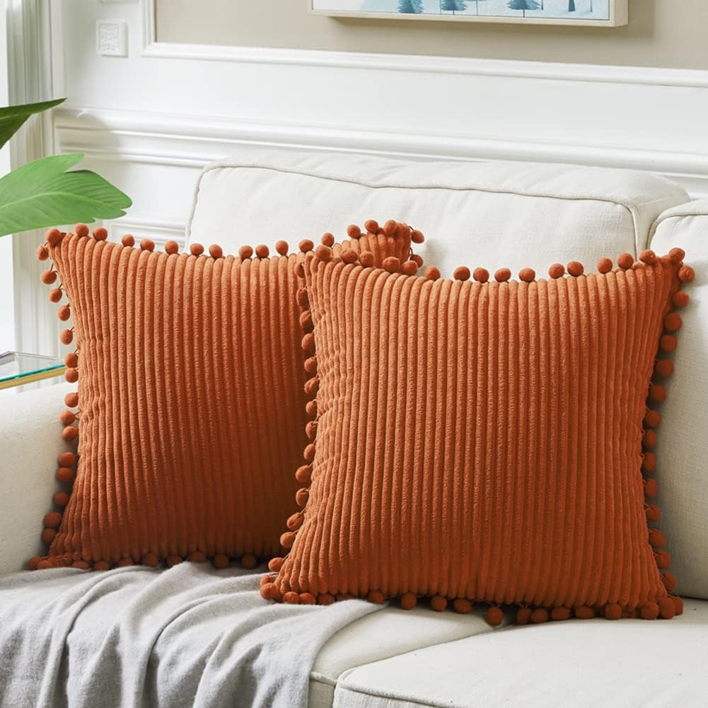 Fancy Homi 2 Packs Rust 26x26 Pillow Covers, Euro Pillow Covers with Pom-poms, Big Throw Pillow Covers for Couch Bedroom 66x66 cm
