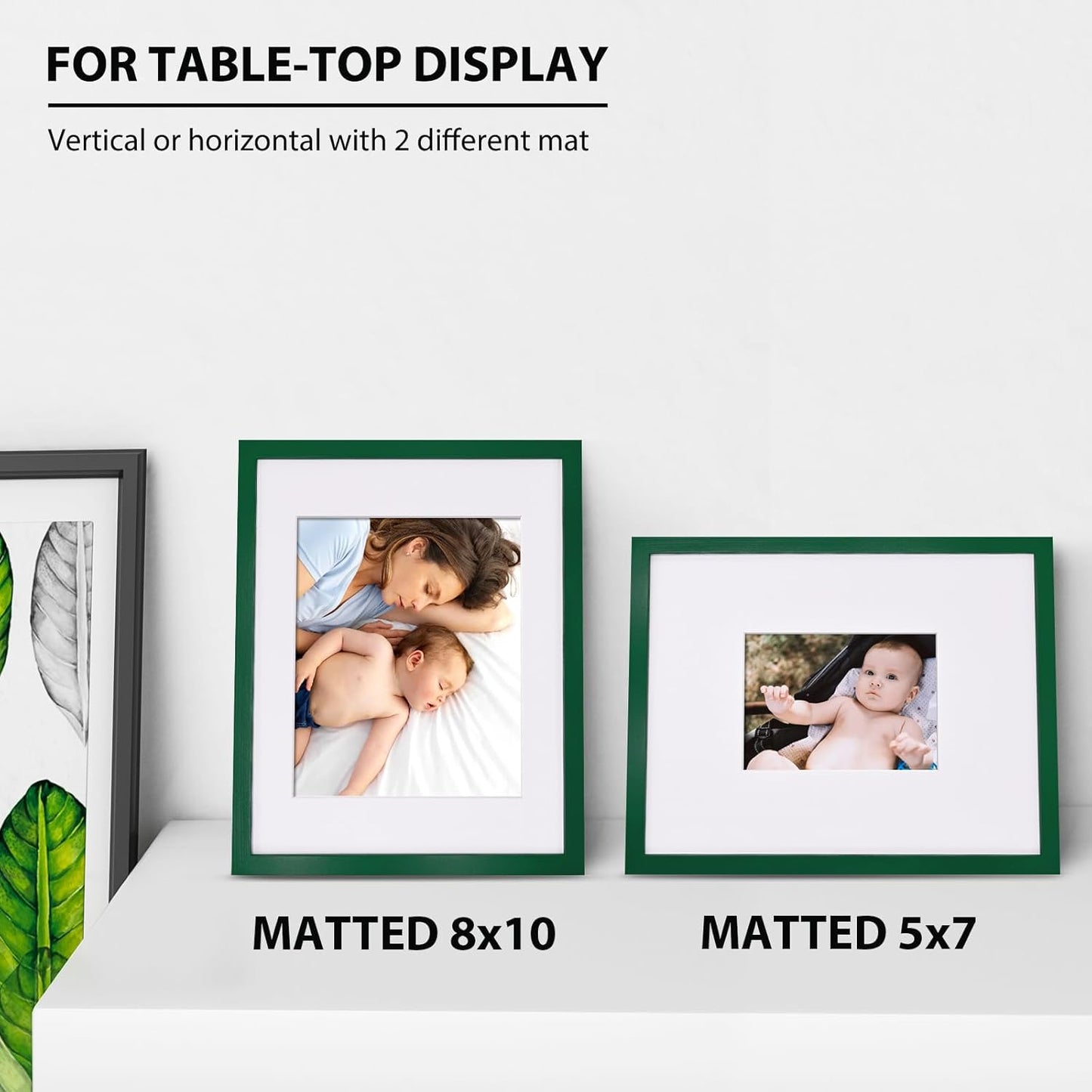 KINLINK 11x14 Picture Frame Green, Solid Wood Frames with Acrylic Plexiglass for Pictures 5x7/8x10 with Mat or 11x14 without Mat, Tabletop and Wall Mounting Display, Set of 4