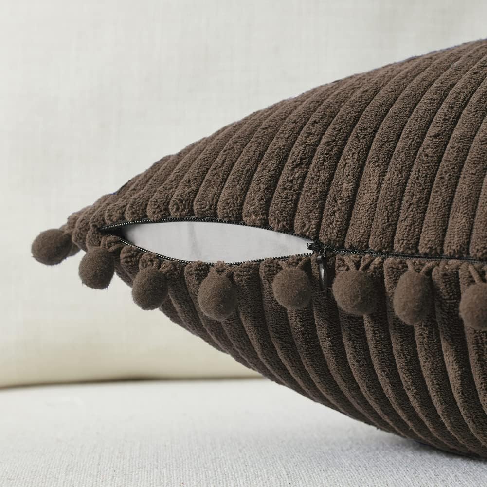 Fancy Homi Pack of 2 Dark Brown Decorative Throw Pillow Covers 12x12 Inch with Pom-poms for Couch Bed, Soft Corduroy Solid Square Cushion Case 30x30 cm, Farmhouse Boho Home Decor