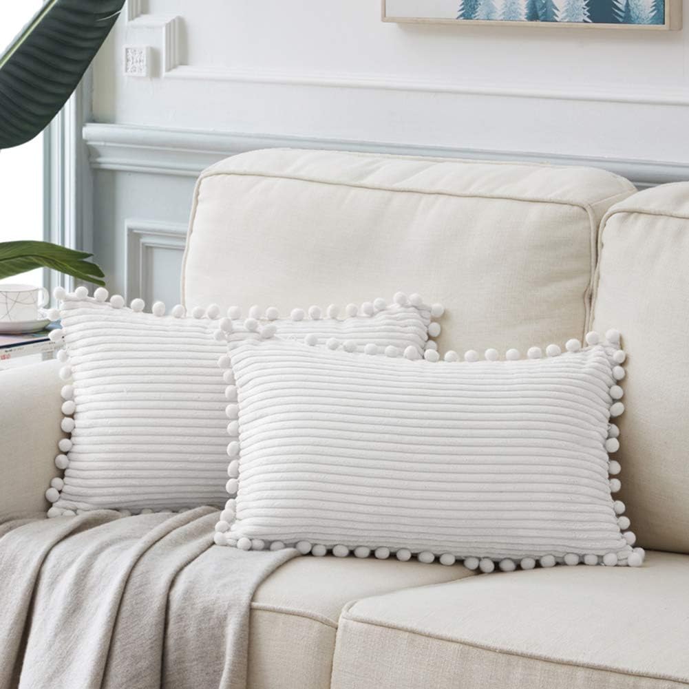 Fancy Homi Pack of 2 Boho Lumbar Decorative Throw Pillow Covers with Pom-poms, Soft Corduroy Solid Rectangle Cushion Cases Set for Couch Sofa Bedroom Car Living Room (12x20 Inch/30x50 cm, Pure White)