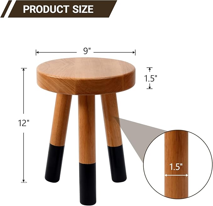 Rubber Wood 9" Round Plant Stand |Dip Dyed Black Stool, Wood Riser |Milking Stool (12" H)