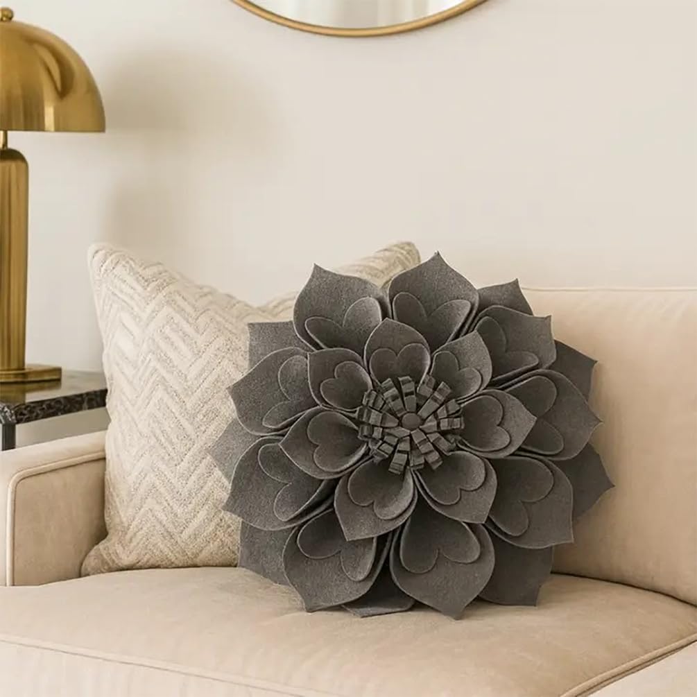 Fennco Styles Handmade 3D Heart-Shaped Petals Flower Decorative Throw Pillow Cover Only - 13" Round Slate Floral Pillow Case for Couch, Home Décor and Holiday, Housewarming Gift
