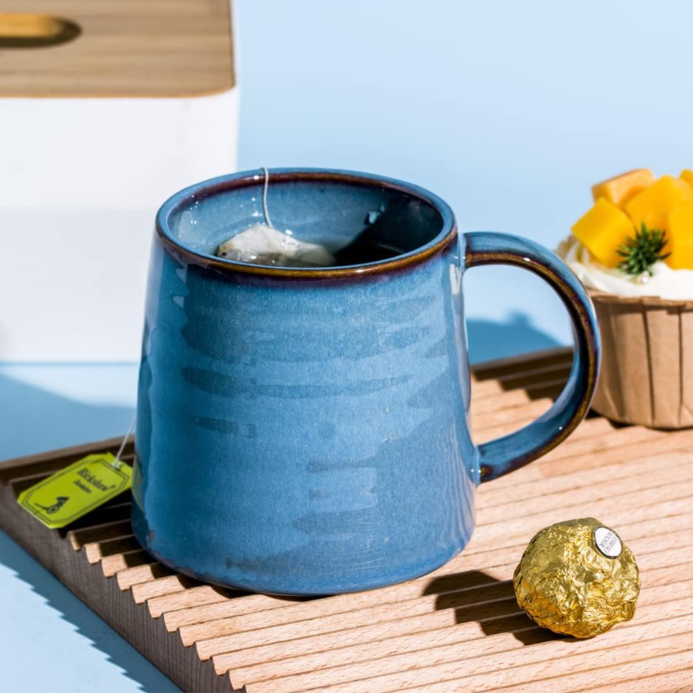 Large Ceramic Coffee Mugs, Handmade Pottery Mug, Tea Cups with Handle for Office and Home, 16 oz, Dishwasher and Microwave Safe (Blue)