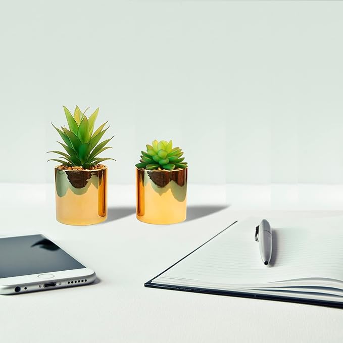 Faux Succulent Artificial Plants 7'' & 5'' in Pots Home Decoration Set of 2 Gold Pots