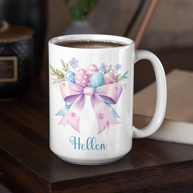 Unique Custom Name Coffee Mug, Spring Flowers and Bow Ceramic Cup 11oz 15oz, Personalized Elegant Bow White Mug, Easter Eggs with Floral Coffee Cup, Gifts for Easter Celebration
