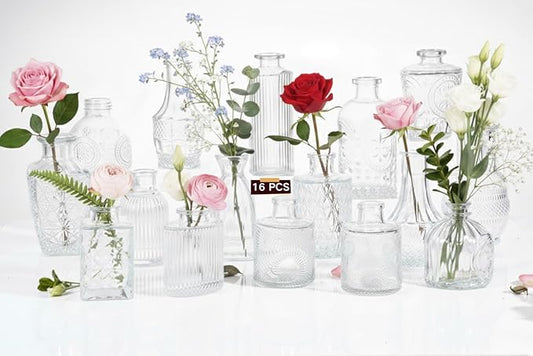 16 Pack Glass Bud Vases for Centerpieces - Bulk Small Flower Vases Set of 16, Mini Vintage Vases, 4 Styles for Party, Wedding Decorations, Baby Shower, Home Table Flower Décor (Clear)