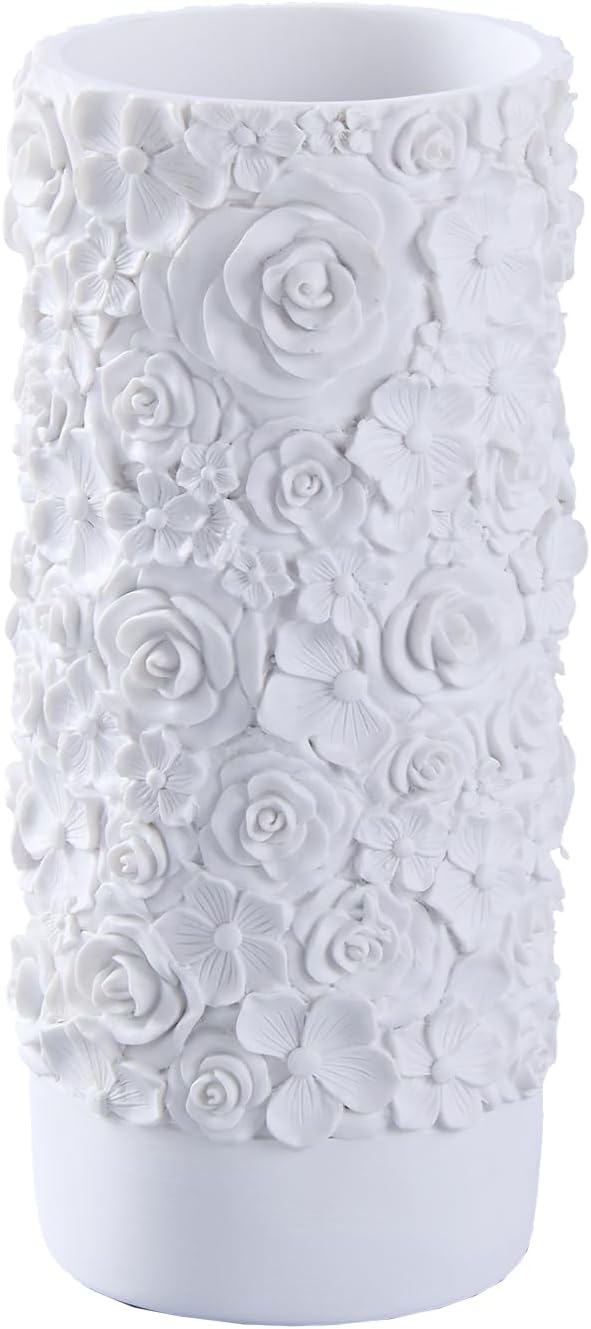 White Rose Hand-Carved Resin Vase – 8 Inch Decorative Cylinder Vase for Pampas Grass, Centerpiece, Home Decor | Elegant Entryway, Countertop & Nightstand Accent | Unique Housewarming Gift