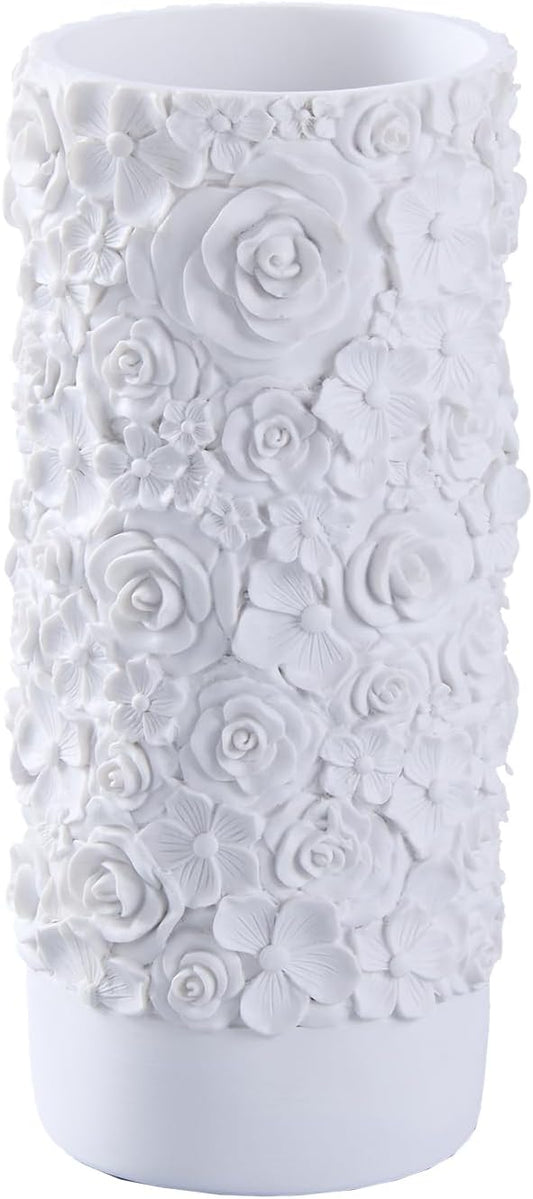 White Rose Hand-Carved Resin Vase – 8 Inch Decorative Cylinder Vase for Pampas Grass, Centerpiece, Home Decor | Elegant Entryway, Countertop & Nightstand Accent | Unique Housewarming Gift