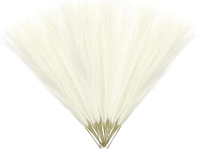 30 Pcs Ivory Faux Pampas Grass, 17 Inches Artificial Pampas Grass Bulk, Short Fluffy Faux Pompas for Vase Filler, Home Boho, Wedding Anniversaries, Baby Shower Decoration