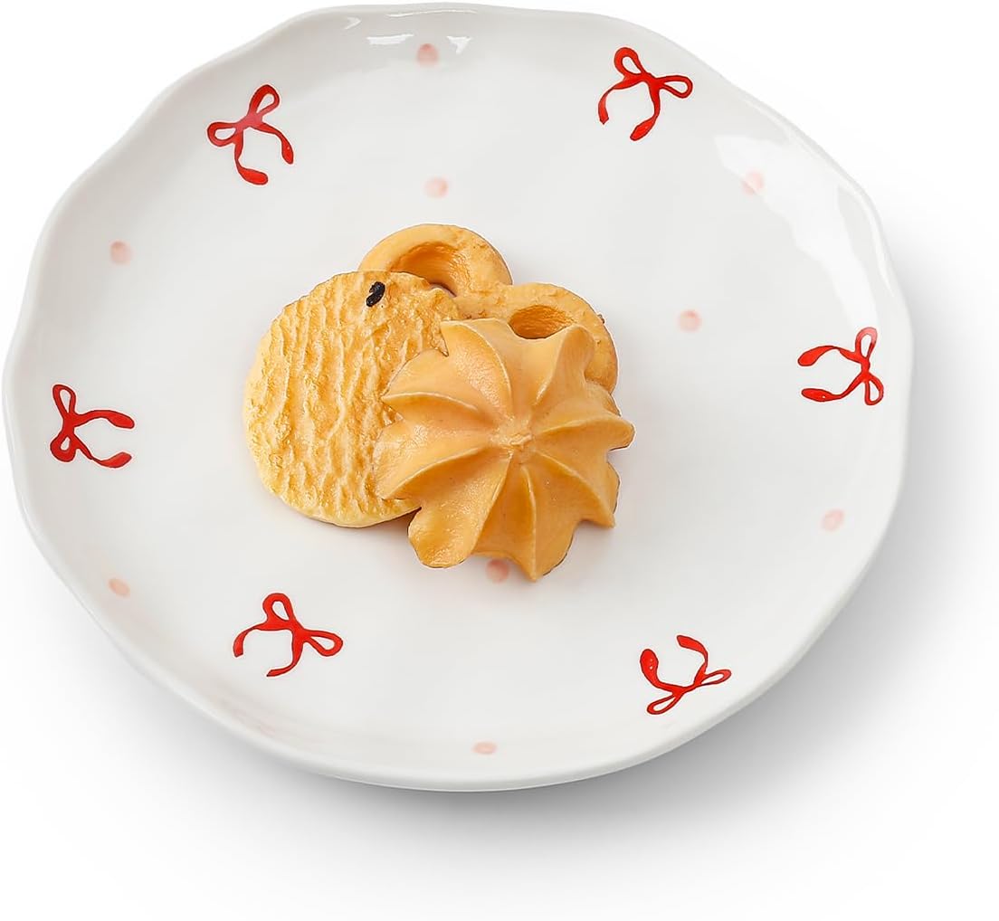 Koythin Ceramic Dessert Plates, Cute Fruits Dinner Plate, Printed Flowers Dinnerware for Office and Home, Kitchen Plates for Desserts (Double Line Bow)