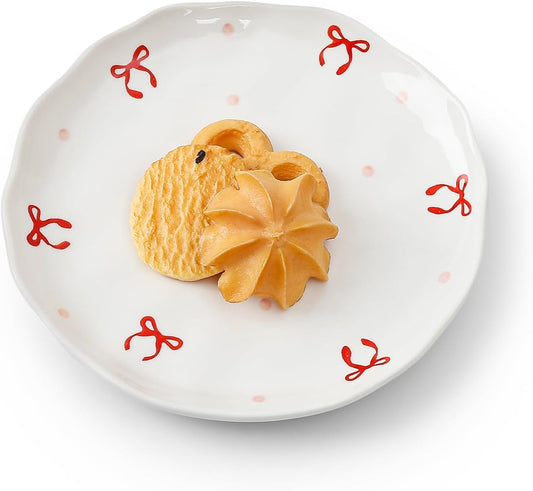 Koythin Ceramic Dessert Plates, Cute Fruits Dinner Plate, Printed Flowers Dinnerware for Office and Home, Kitchen Plates for Desserts (Double Line Bow)