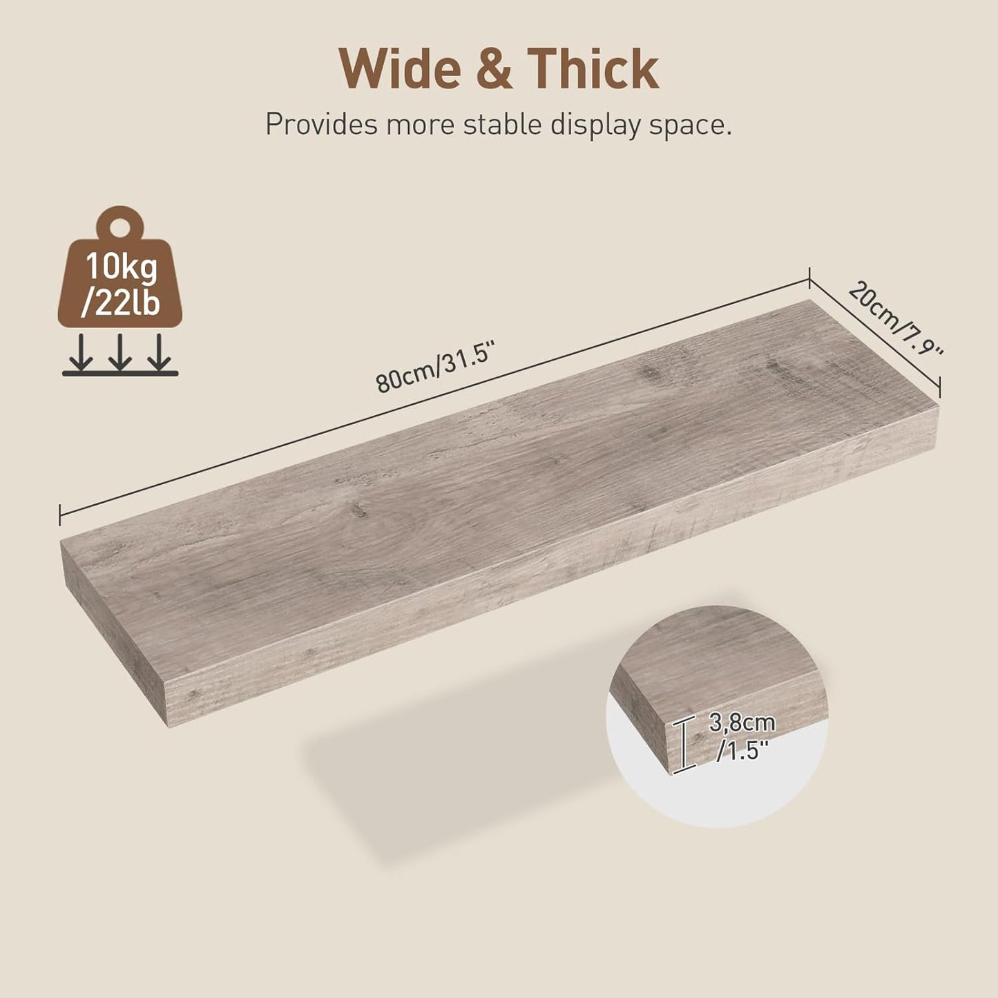 Floating Shelves for Wall, 1.5" Thick Wall Shelf Set of 3 with Invisible Brackets, L31.5 x W7.9 Hanging Book Shelves Farmhouse Home Decor for Bathroom, Living Room, Bedroom, Greige 8301BJP3BG