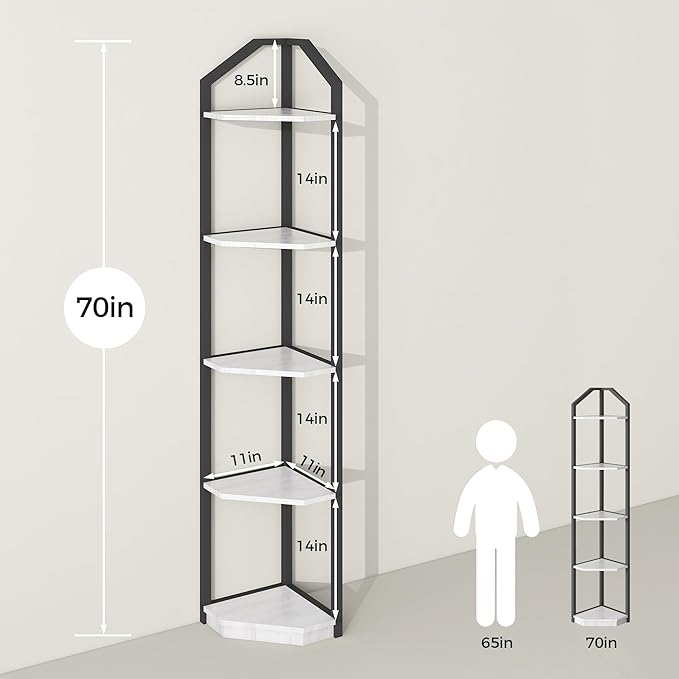 Fun Memories 5 Tier Corner Shelf, 70” Corner Shelf Stand, Corner Bookshelf Plant Stand, Storage Shelf for Bathroom, Living Room, Kitchen,Home Office, White