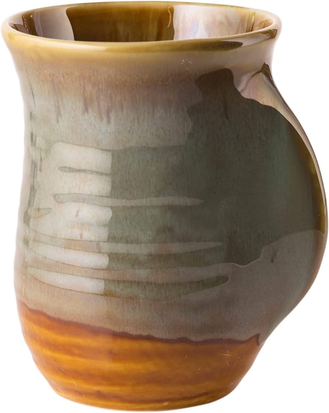 Hand Warmer Mug, Handmade Pottery Ceramic and Hand Painted - The Contoured Pocket will Hold Warmth From The Heat Of Your Drink To Keep Your Fingers Warm, Comfy Handwarmer (Desert Green) (Left hand)