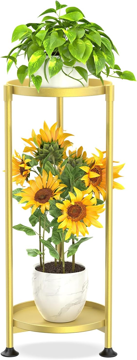 KMOTASUO 2 Tier Plant Stand Indoor for Large Tall Heavy Duty Planter, Multiple Sturdy Metal Flower Corner Rack for Narrow House Floor, Iron Vertical Level Round Orchi Holder Organizer, Gold
