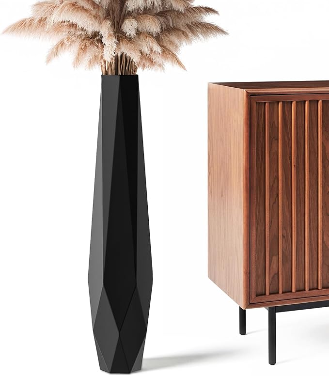 Tall Vases - 27.5" Tall Floor Vase for Home Decor, Resin Floor Vase with Handmade Dimensional Geometric Style, Fits Into Hay/Pampas Grass, Boho Living Room Decor (Black)