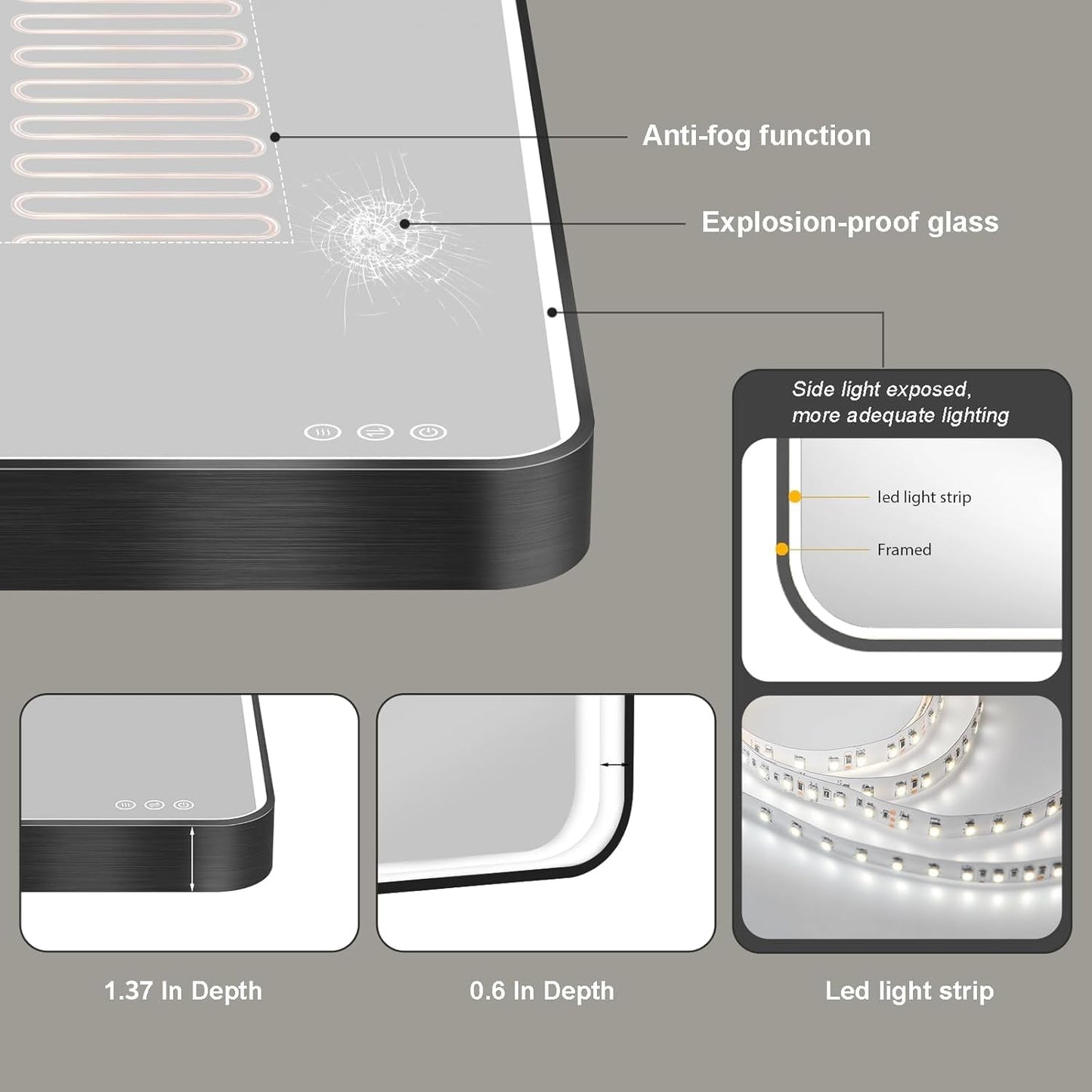 LED Mirror for Bathroom 48X28 Inch Black Framed with Anti-Fog, Stepless Dimmable, Front Lit, LED Bathroom Vanity Mirror for Wall, Memory Function, Shatter-Proof