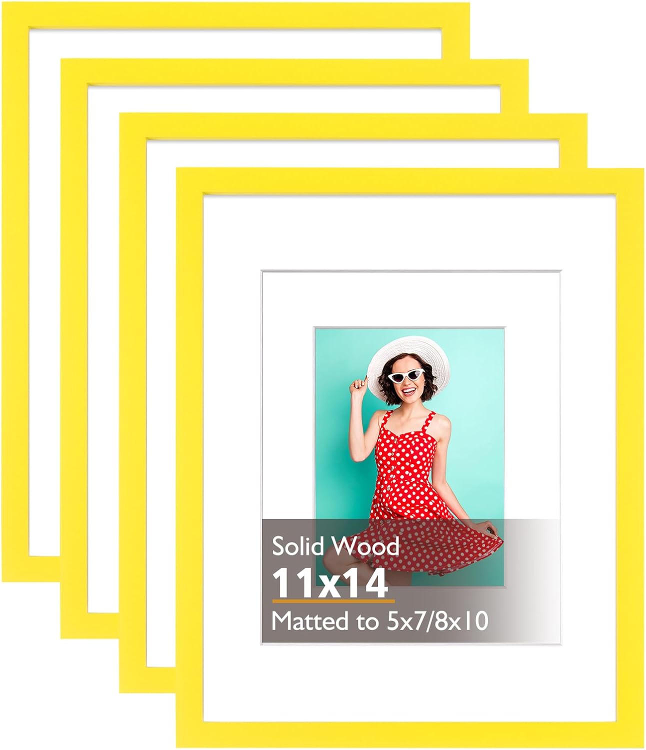 KINLINK 11x14 Picture Frame Yellow, Solid Wood Frames with Acrylic Plexiglass for Pictures 5x7/8x10 with Mat or 11x14 without Mat, Tabletop and Wall Display Photo Frame, Set of 4