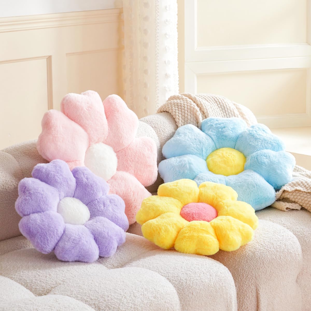 Flower Pillow, Blue Daisy Flower Decorative Pillows for Bed, Cute 19.6" Flower Shaped Pillow with Soft Faux Rabbit Fur Dorm Home Decor Floor Seating Cushion