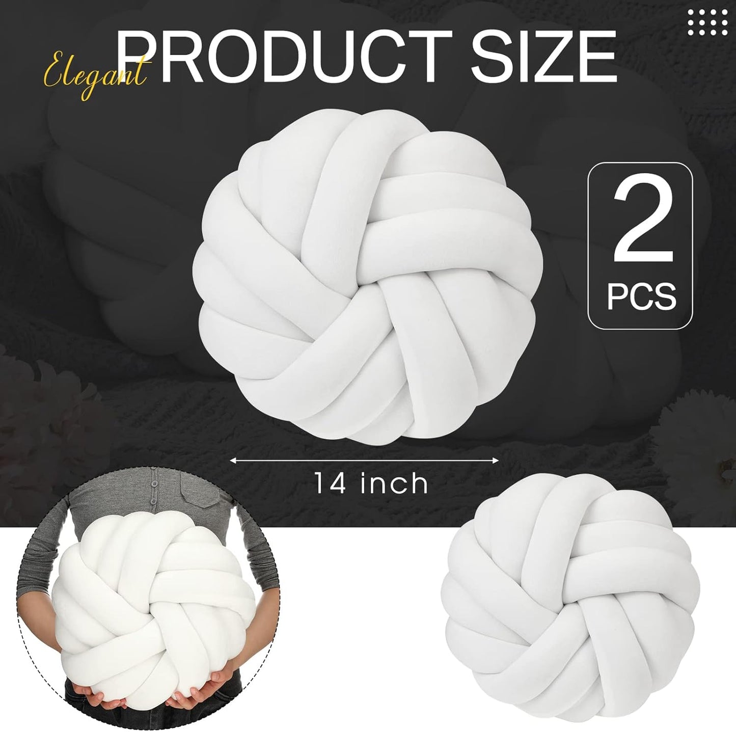 Fumete 2 Pcs 14 Inches Knot Pillow Round Throw Soft Plush Knot Ball Pillow Handmade Knotted Modern Home Decorative Cushion for Bed Bedroom, Sofa, Couch (White)