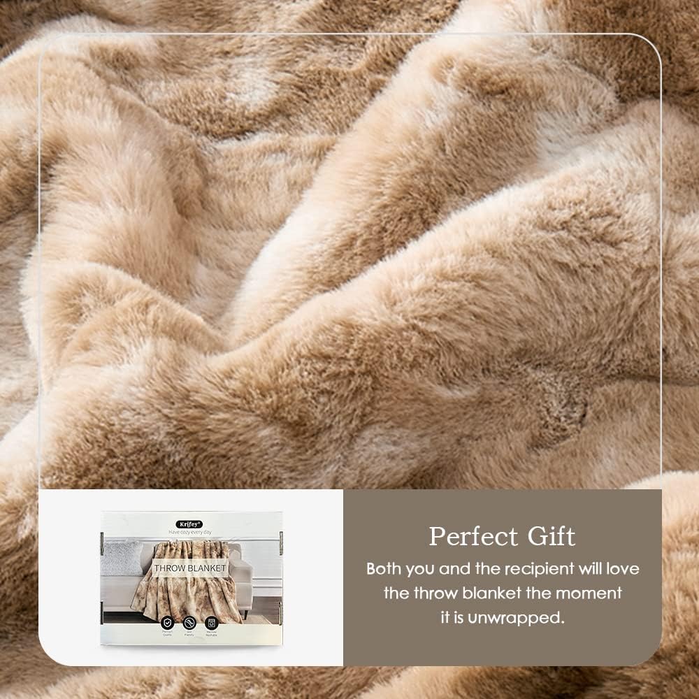 Krifey Oversized Faux Fur Blanket, Super Soft Cozy Blanket, Luxury Fluffy Throw Blanket Fuzzy Bed Throw, Plush for Women, Marbled Beige 60" x 80"