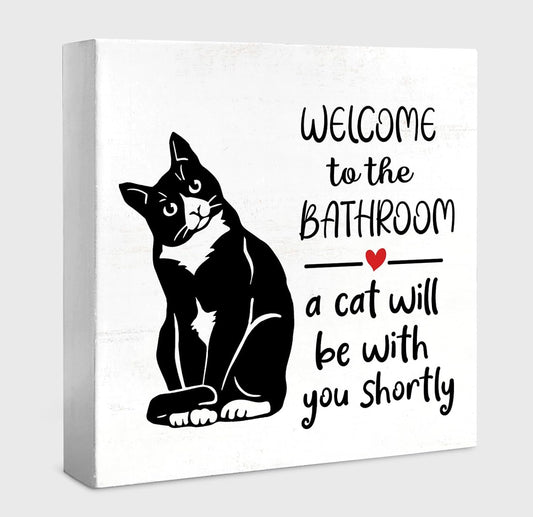 Cute Cat Bathroom Decor and Accessories Desk Wood Box Sign, Black and White Bath Decor Wood Signs, Bath Room Decoration, Welcome To The Bathroom, Gifts for Cats Lovers, 5x5 inch