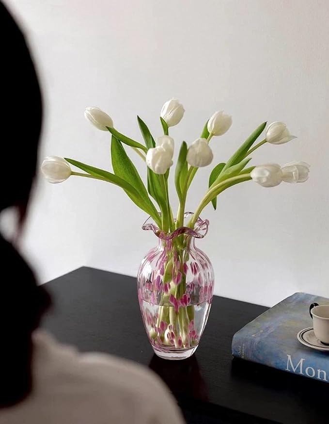 Hand Blown Pink Glass vase-8.7 inch Tall, Modern Art Wide Mouth Glass vase for Living Room, Wedding, Dining Table, Office Center Table Display Flower