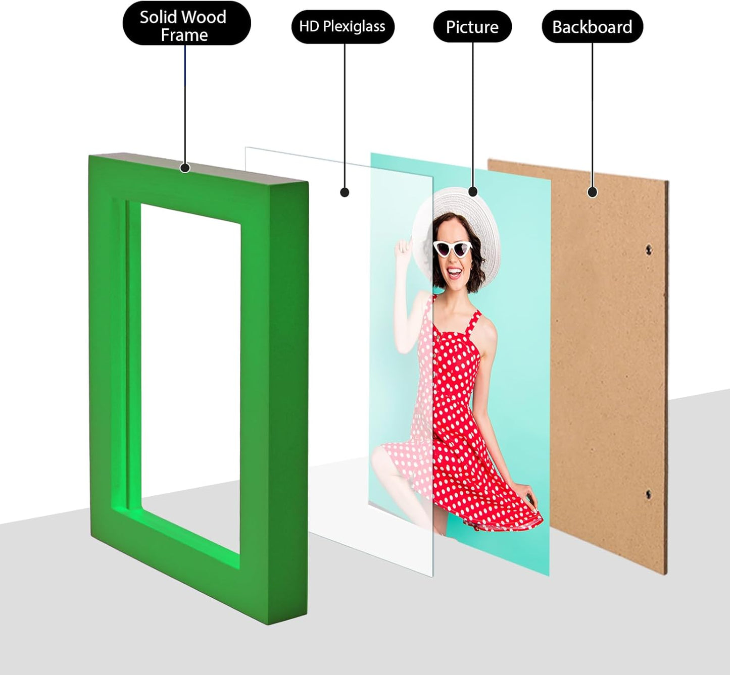 KINLINK 3.5x5 Picture Frame Grass Green, Solid Wood Frames with Plexiglass for Table Top and Wall Mounting, Photo Frames for Horizontal or Vertical Display, 4 Pack