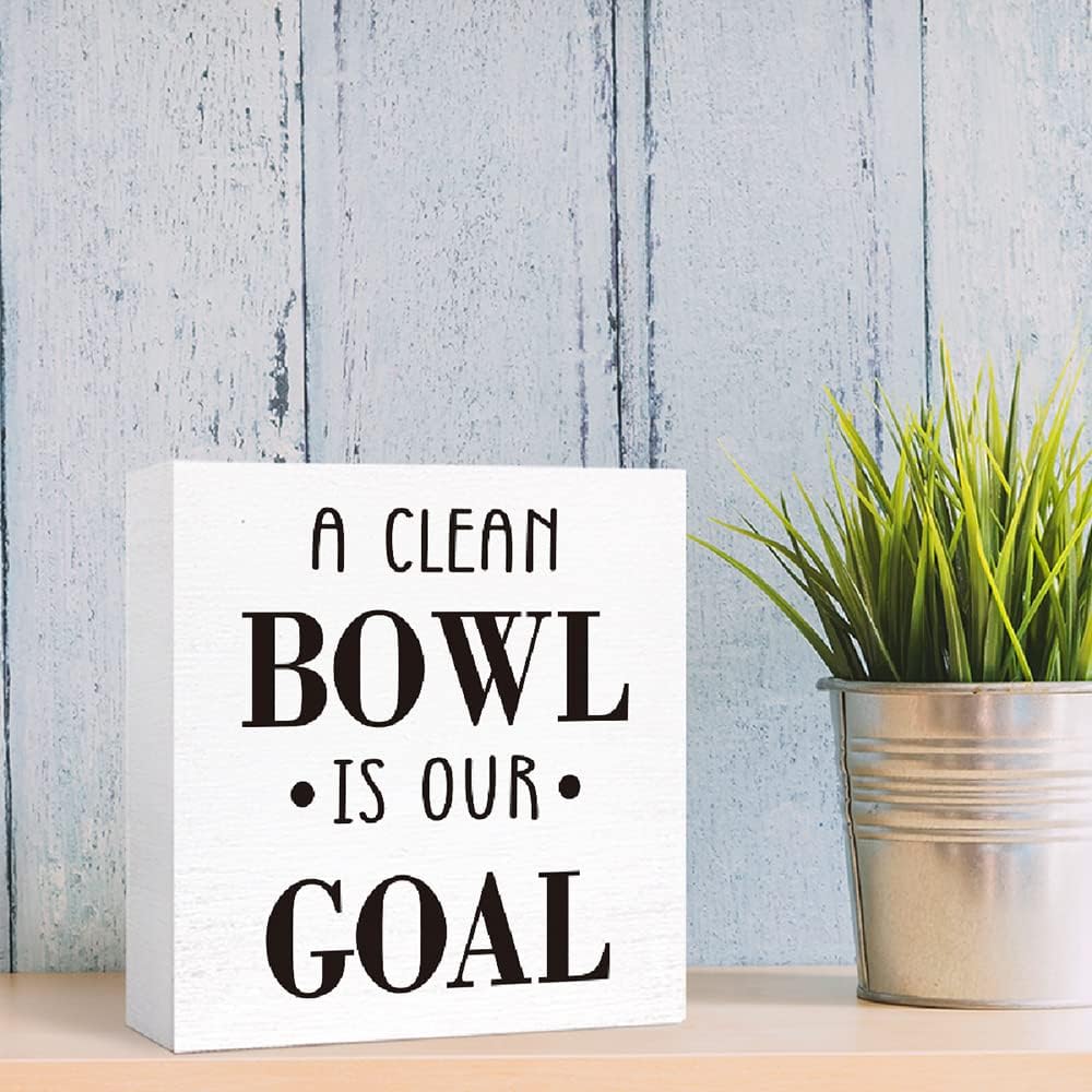 Funny Bathroom Wood Sign a Clean Bowl is Our Goal Wood Block Sign for Bathroom Shelf Toilet Restroom Home Tabletop Desk Decor,Farmhouse Bathroom Wooden Box Sign