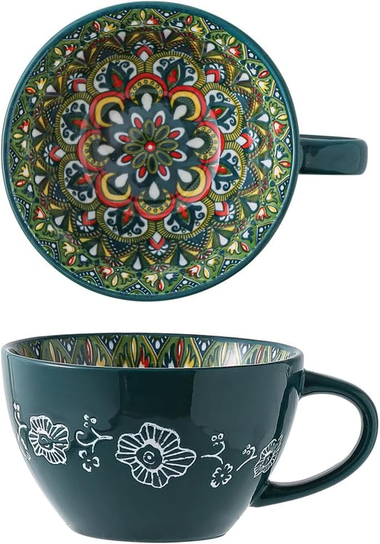 Bohemian Hand-Painted Ceramic Mug, 15 Oz Large Coffee Cup for Milk, Tea, and Breakfast, Dishwasher & Microwave Safe Artisan Cup, Green-J
