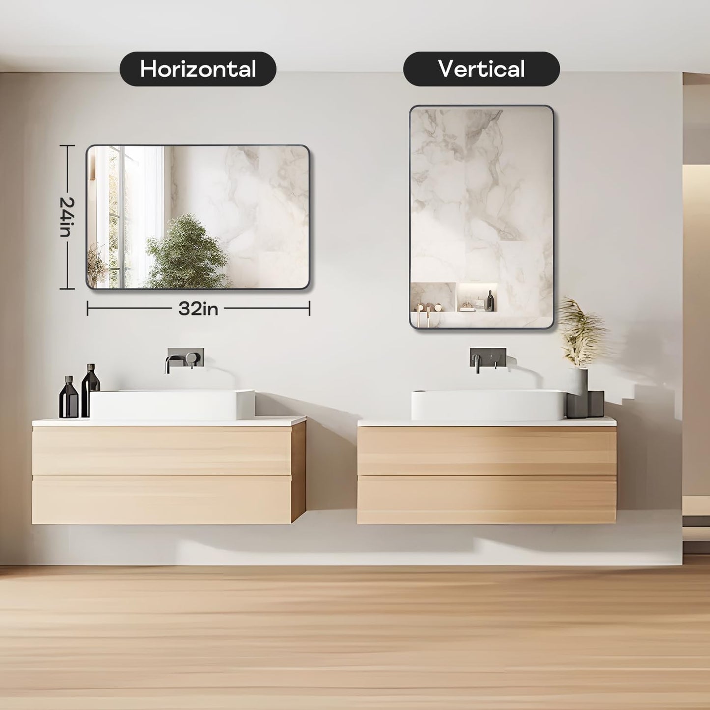 Black Framed Bathroom Mirror for Wall, Matte Black Rounded Corner Rectangle Vanity Mirror, Brushed Frame, Tempered Glass, Anti-Rust, Hangs Horizontally or Vertically (24" x 32", Black)