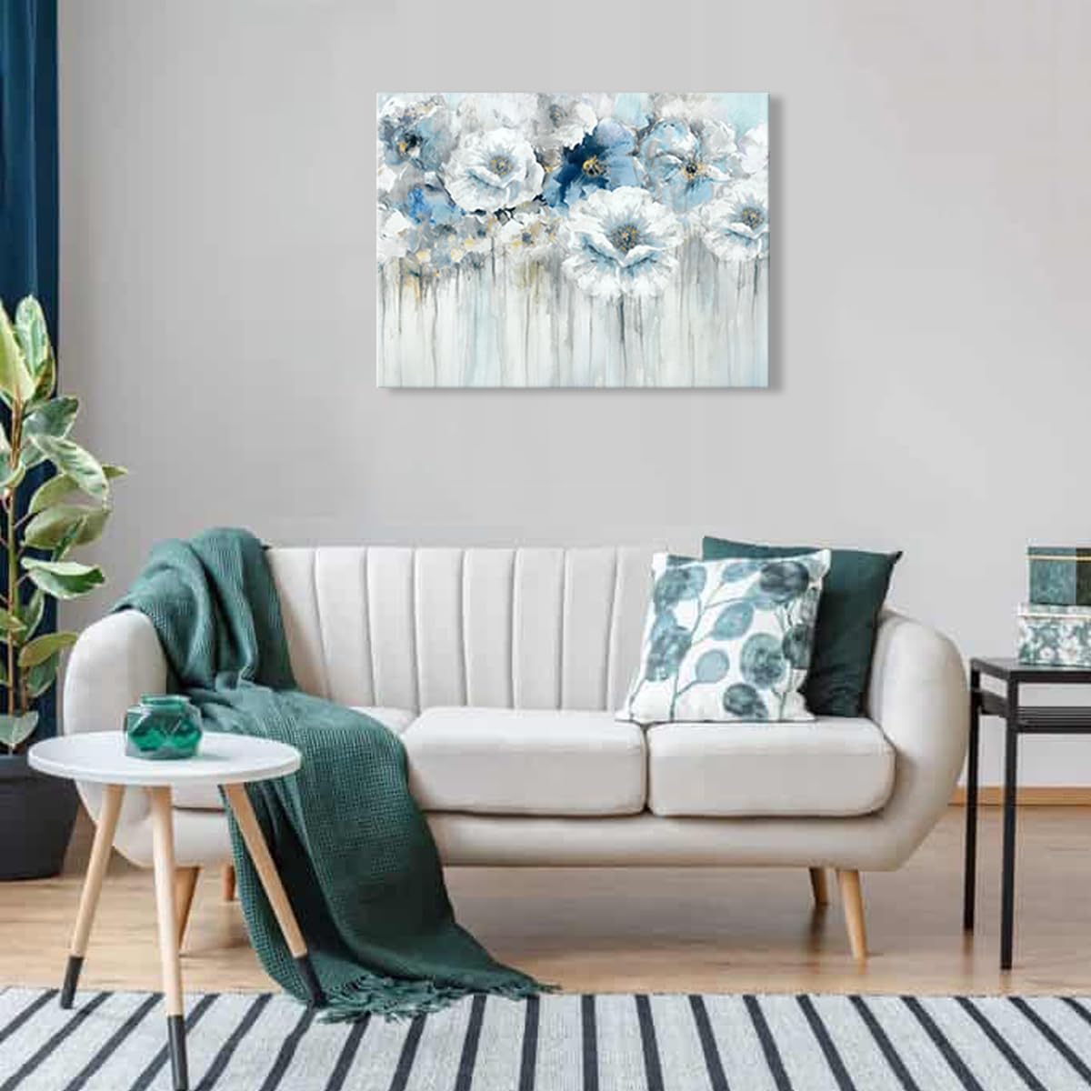 Living Room Flowers Canvas Wall Art Blue and White Floral Pictures with Gold for Gray Bedroom Decor 32" x 24"