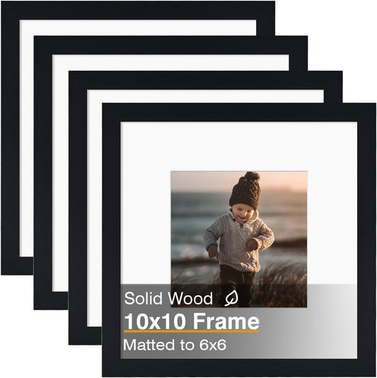 KINLINK 10x10 Picture Frame, Black Square Solid Wood Frames for Pictures 6x6 with Mat or 10x10 without Mat, Wall and Tabletop Display Photo Frames Black 4 Pack