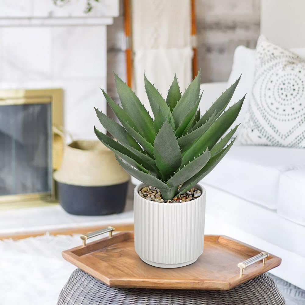 Hollyone Large Artificial Agave Plants 11.8“ Fake Succulents Potted Faux Aloe Vera Plant in White Pot Succulent Agave Plants for Desk Modern Office Living Room Table Shelf Home Indoor Outdoor Decor