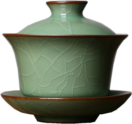 Gaiwan Kung Fu Teacups with Lid 5-Ounce Teacup and Saucer Set Glazed Crack Porcelain Chinese Celadon(Army Green Crack)