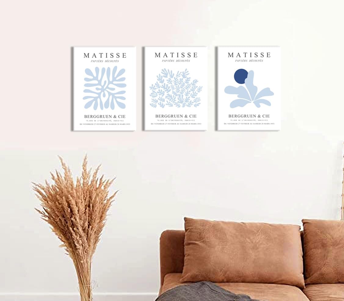 Julaydi Matisse Wall Art Blue Abstract Posters Framed Set of 3 Minimalist Plant Leaf Canvas Prints Modern Painting Wall Decor Artwork Aesthetic Pictures for Living Room Bedroom Bathroom 12x16in
