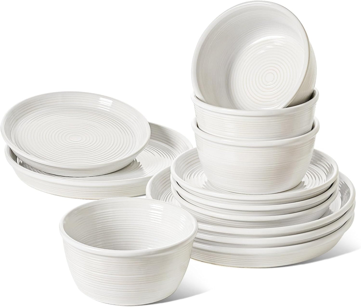 LE TAUCI 12‑Piece Ceramic Plates and Bowls Set, Service for 4 – White Farmhouse Dinnerware Sets with Deeper Plates (10" Dinner, 8" Salad, 6" Bowls), Dishwasher & Microwave Safe Stoneware Dishes