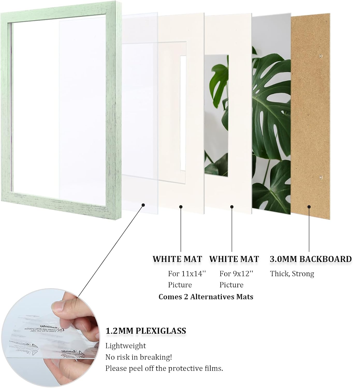 Egofine 12x16 Picture Frames Set of 4, Made of Solid Wood Covered by Plexiglass 9x12 and 11x14 with Mat or 12x16 without Mat, for Wall Mounting Photo Frame Rustic Green