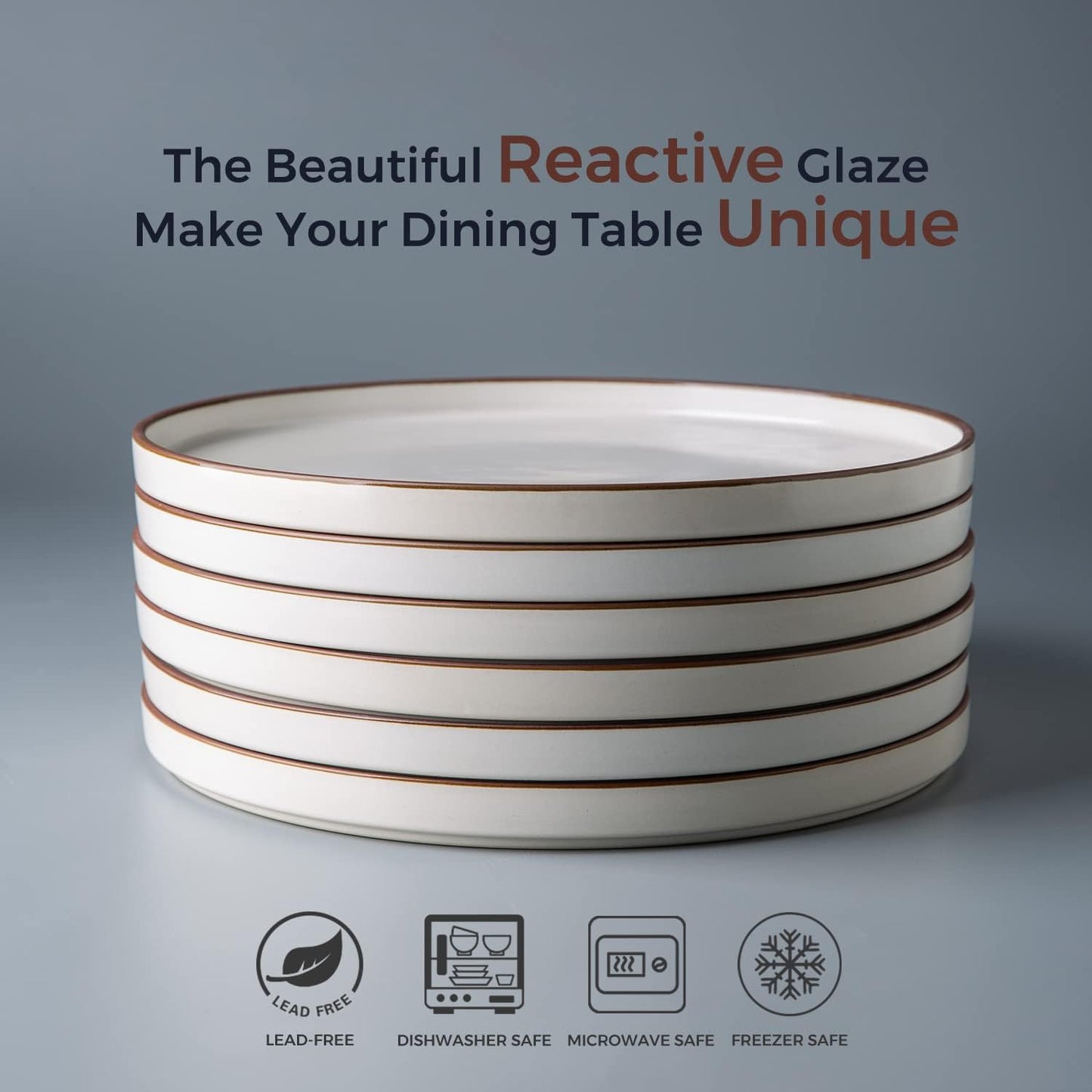 LERATIO Ceramic Plates,8.0 Inch Flat Salad Plates Set of 6,High Edge Modern plates for Kitchen,Microwave & Dishwasher & Oven Safe, Scratch Resistant Dishes Set-Matte White with Rim