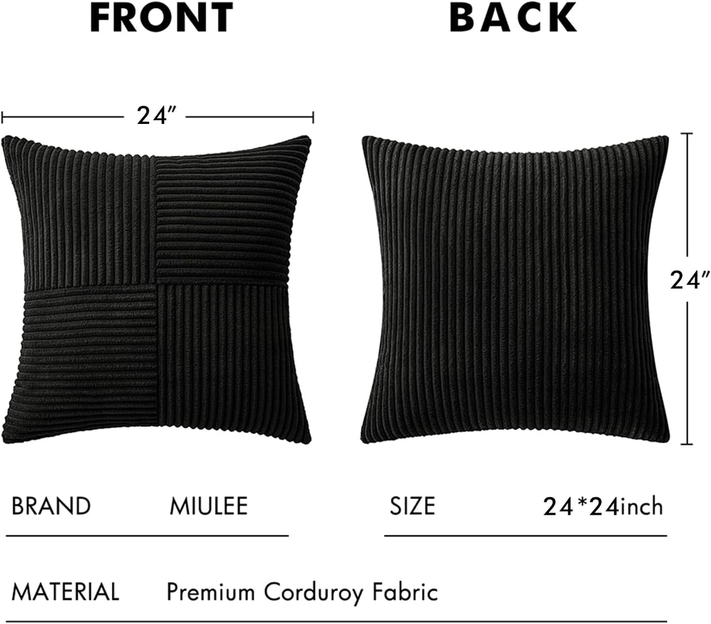 MIULEE Black Corduroy Pillow Covers Pack of 2 Boho Decorative Spliced Throw Pillow Covers Soft Solid Couch Pillowcases Cross Patchwork Textured Cushion Covers for Living Room Bed Sofa 24x24 inch