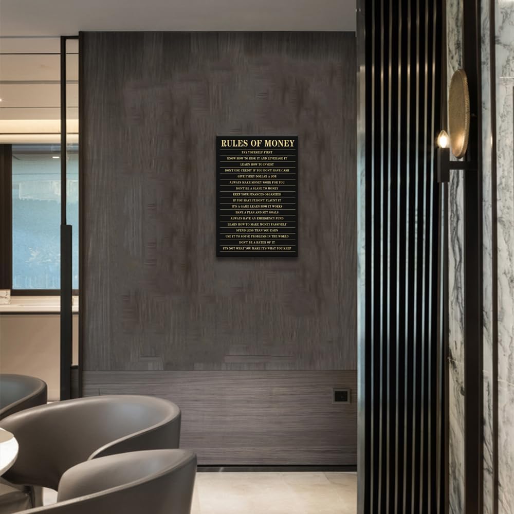 Inspirational Canvas Wall Art Rules of Money Pictures Print Motivational Poster Painting Modern Home Decor Artwork for Bedroom Living Room Office Wall Decor Framed Ready to Hang[12''W X 18''H]